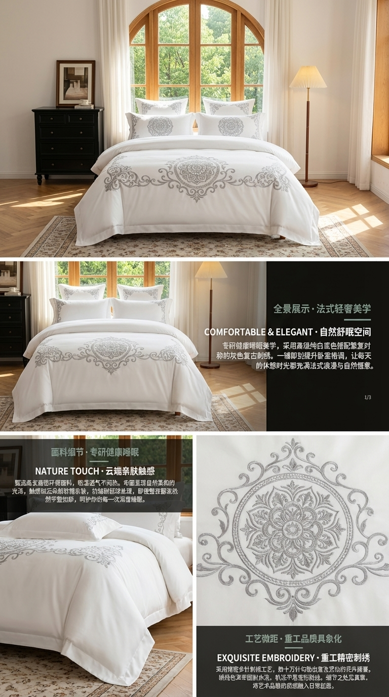 新款外贸纯白色刺绣纯色六件套被套床上用品家纺套装详情2