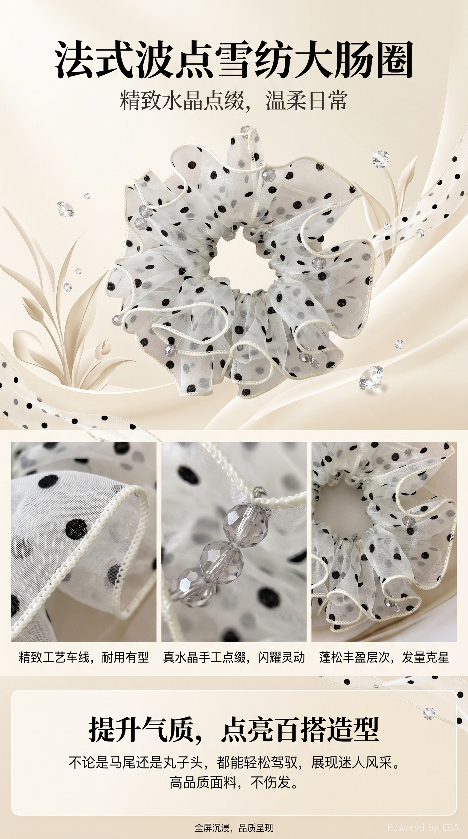 White polka dot gauze large intestine hair band, hair accessory and square cover decoration pic 1