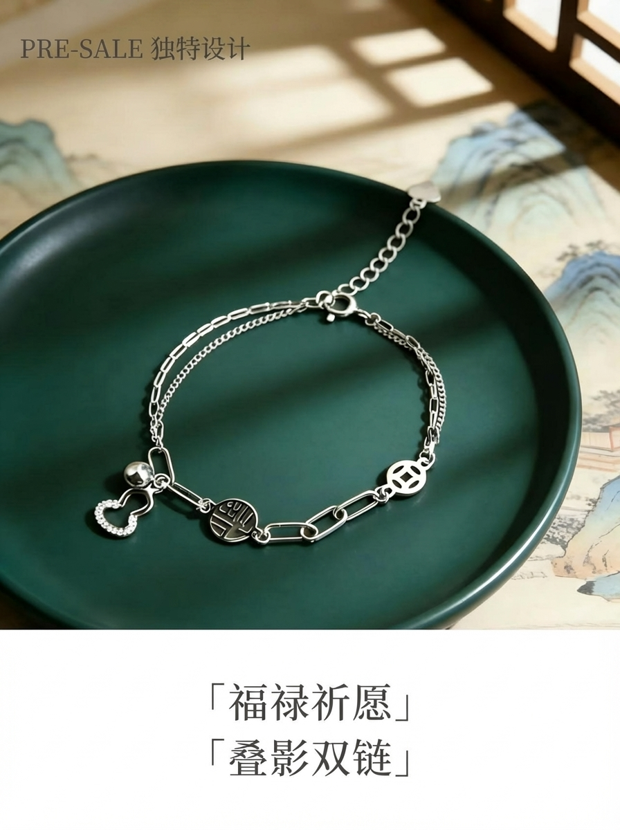 时尚精工如意流光·925银大众轻奢福运拼接手链详情2