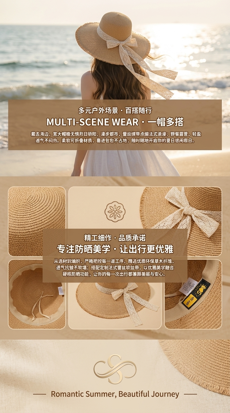 Summer new ladies' lace bow wide-brimmed straw hat, straw woven sun protection hat, fringed fringe beach hat, seaside vacation, travel, outdoor leisure sun hat, beach sun hat pic 3