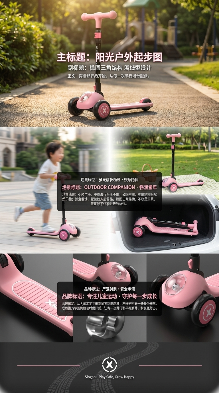 粉色儿童滑板车幼儿园玩具礼物自主设计厂家直销二合一儿童滑板车三合一可坐可骑1-3-6-11岁国货详情3