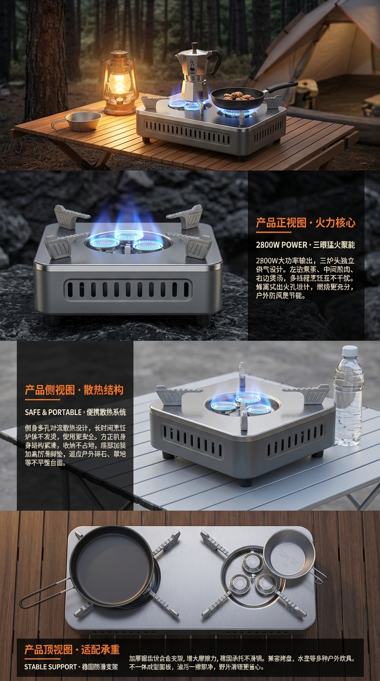 New 3-head stove, stainless steel stove, fierce stove, square cassette stove with stand, gas stove, outdoor stove, portable LJ-115. Source factory, source factory, source factory pic 2
