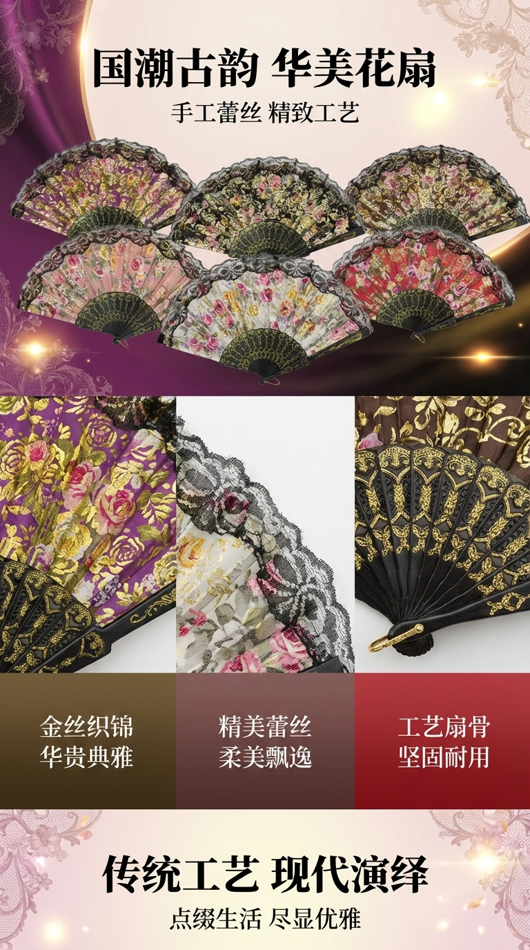 六把精美花卉蕾丝边折扇中国风夏季刺绣卡通扇子详情1