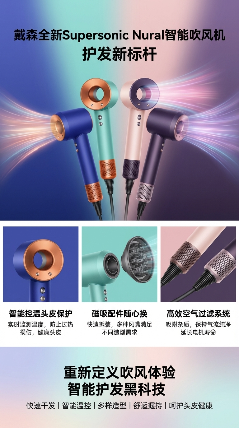 Enzo高速无刷彩色吹风机主体电吹风淡雅造型大风力护发详情1