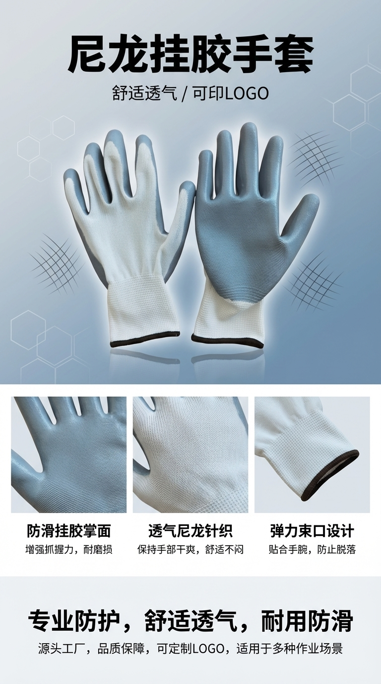 劳保手套挂胶丁腈浸胶尼龙耐磨工业防护手套丁晴防油防滑乳胶092613808详情1