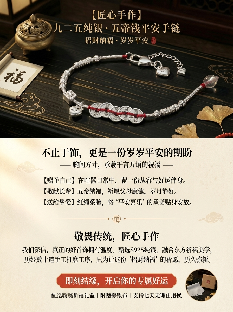 925银锦囊纳福五帝钱红绳手链女｜新中式小众设计感守财纳福幸运手饰详情4