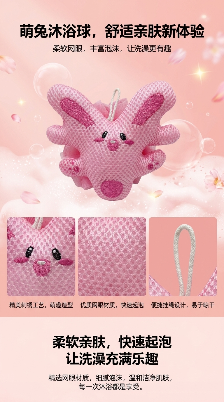 粉色兔子造型沐浴球柔软去角质泡沫丰富温和清洁肌肤详情1