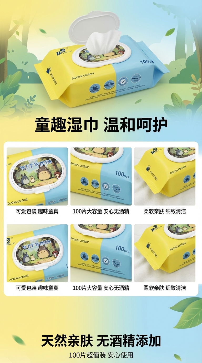 跨境婴儿湿纸巾湿巾100抽装便携独立包装温和不刺激详情1