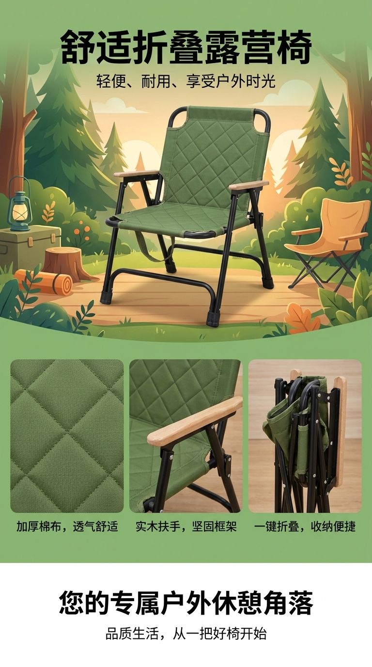 The green folding chair is a portable and lightweight outdoor picnic and leisure seat pic 1