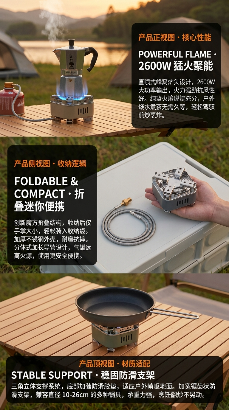 SF-HW-03 五芯卡式炉户外野营炉具烧水煮茶炉头便携露营炊具煤气燃气灶黑色详情2