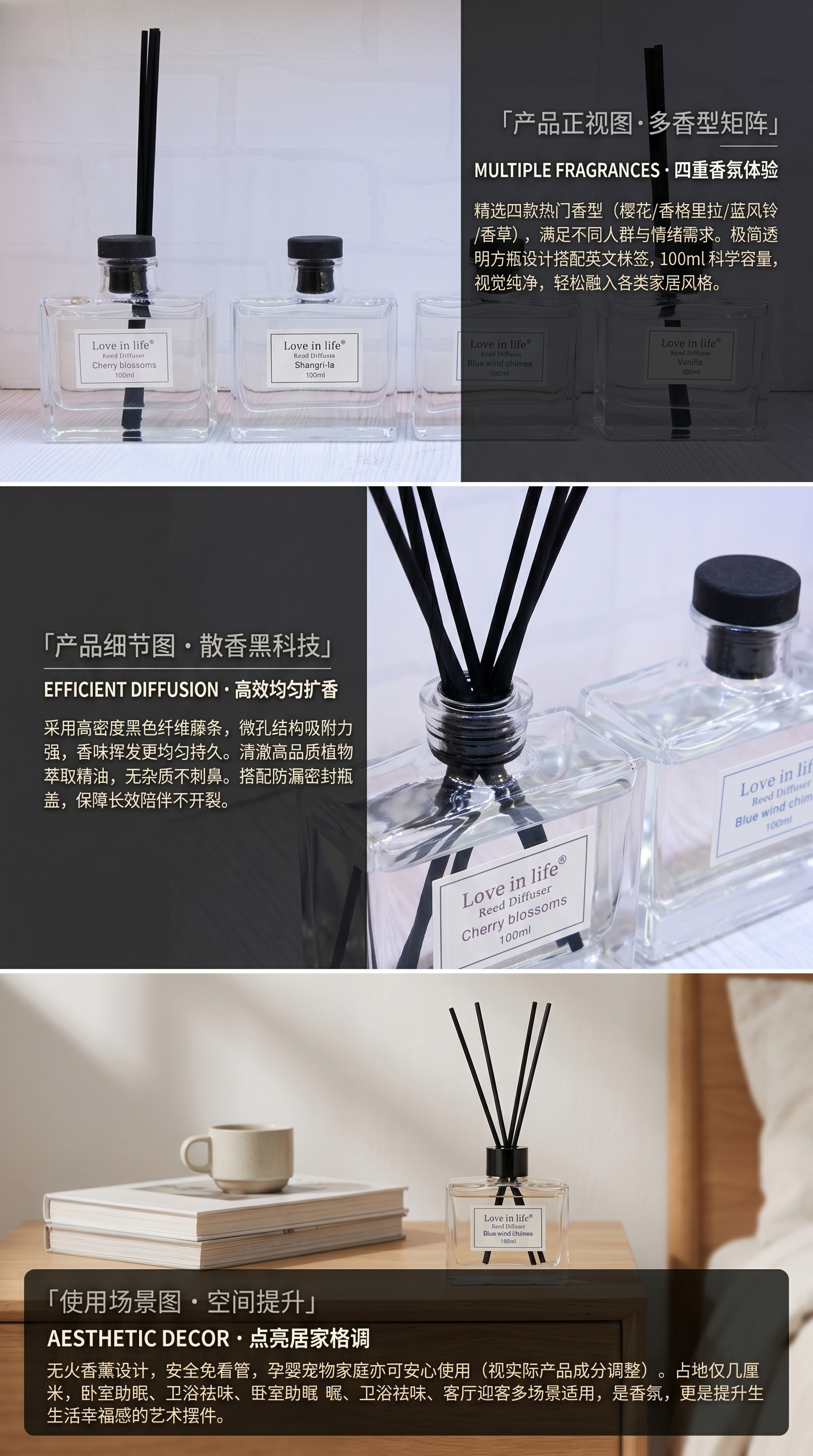 Love in life香薰扩散器四瓶装Cherry blossomsShangri laBlue wind chime详情2