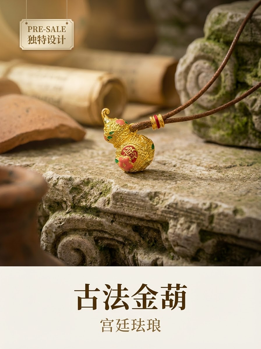 Golden gourd pendant necklace, 999 gold wrapped in silver, hand-carved enamel color lanyard, fashionable and simple, versatile accessory pic 2