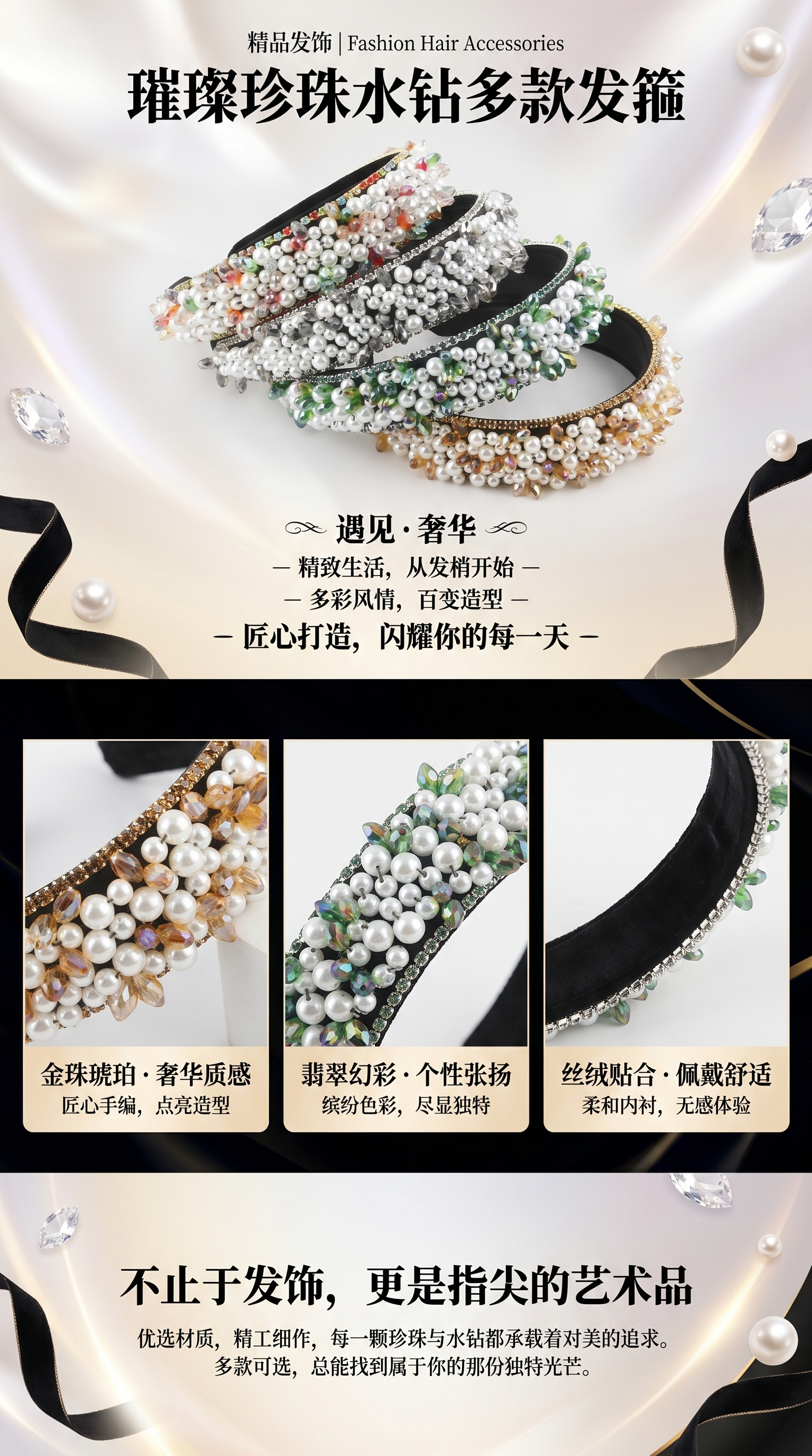 欧美重工手缝珍珠头箍巴洛克串珠水晶发箍时尚百搭高级感发饰发卡详情1