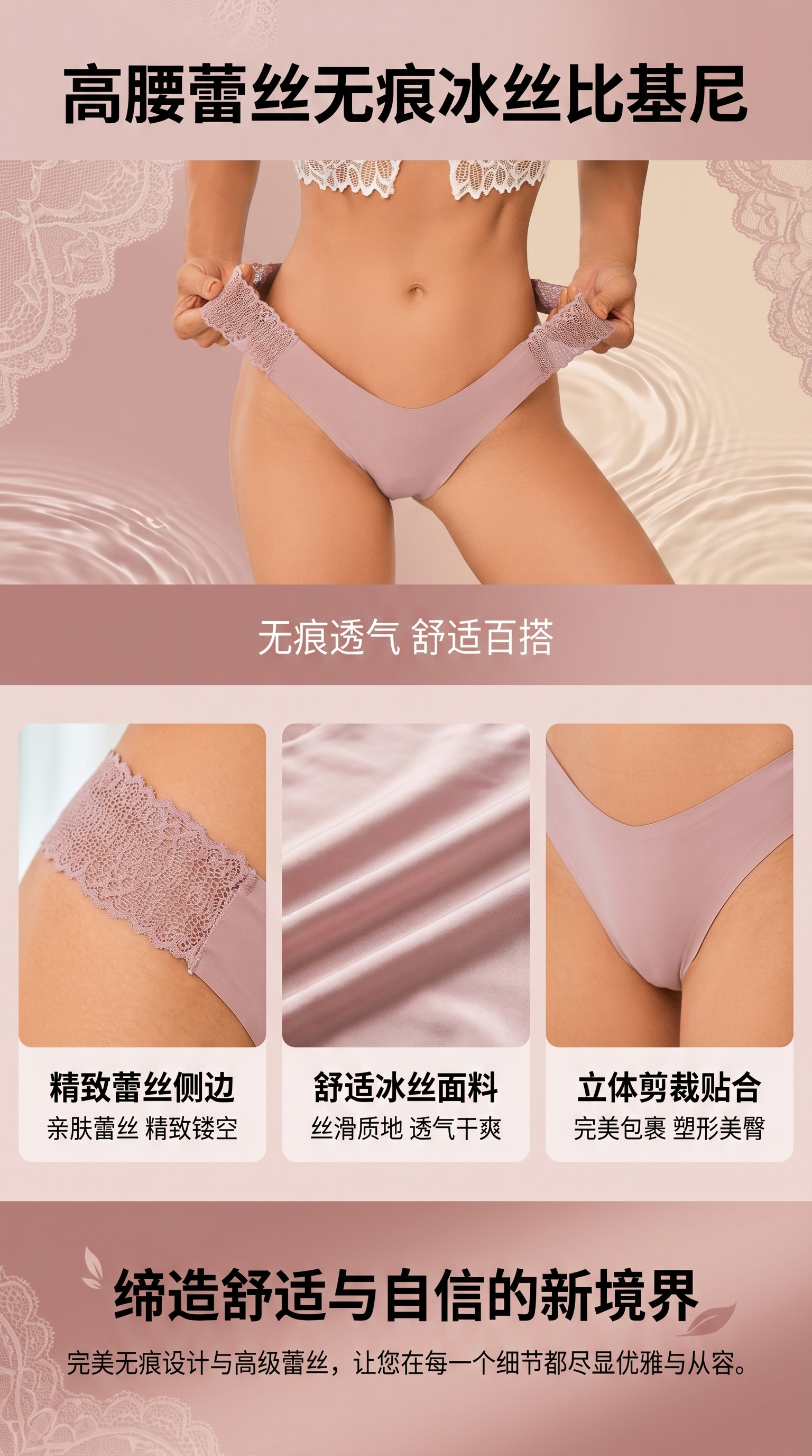 跨境无痕超薄亲肤透气t裤 内裤女蕾丝性感柔软不扎肉三角裤女批发   详情1