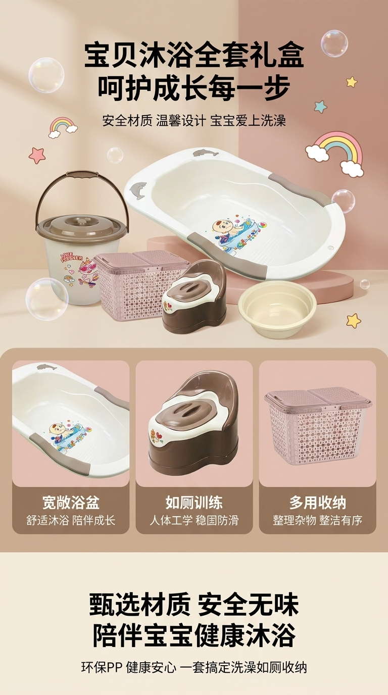 婴儿浴盆带盖储物桶粉色双盖收纳篮小号挂式收纳桶儿童坐便器浅色塑料盆母婴用品宝宝洗澡盆婴儿卡通婴儿洗澡盆详情1