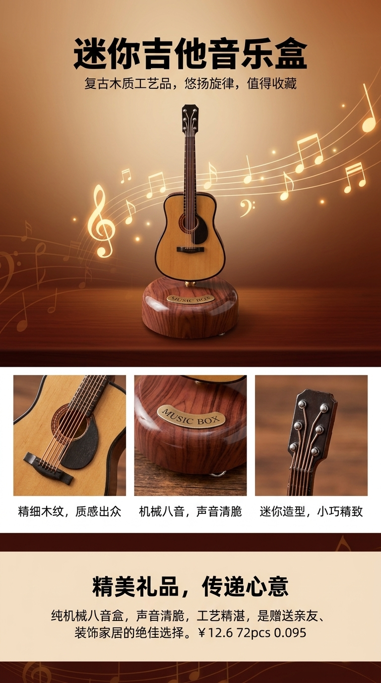 吉他造型音乐盒 指弹旋律音乐盒 木质音质清脆 复古设计 音乐礼物详情1