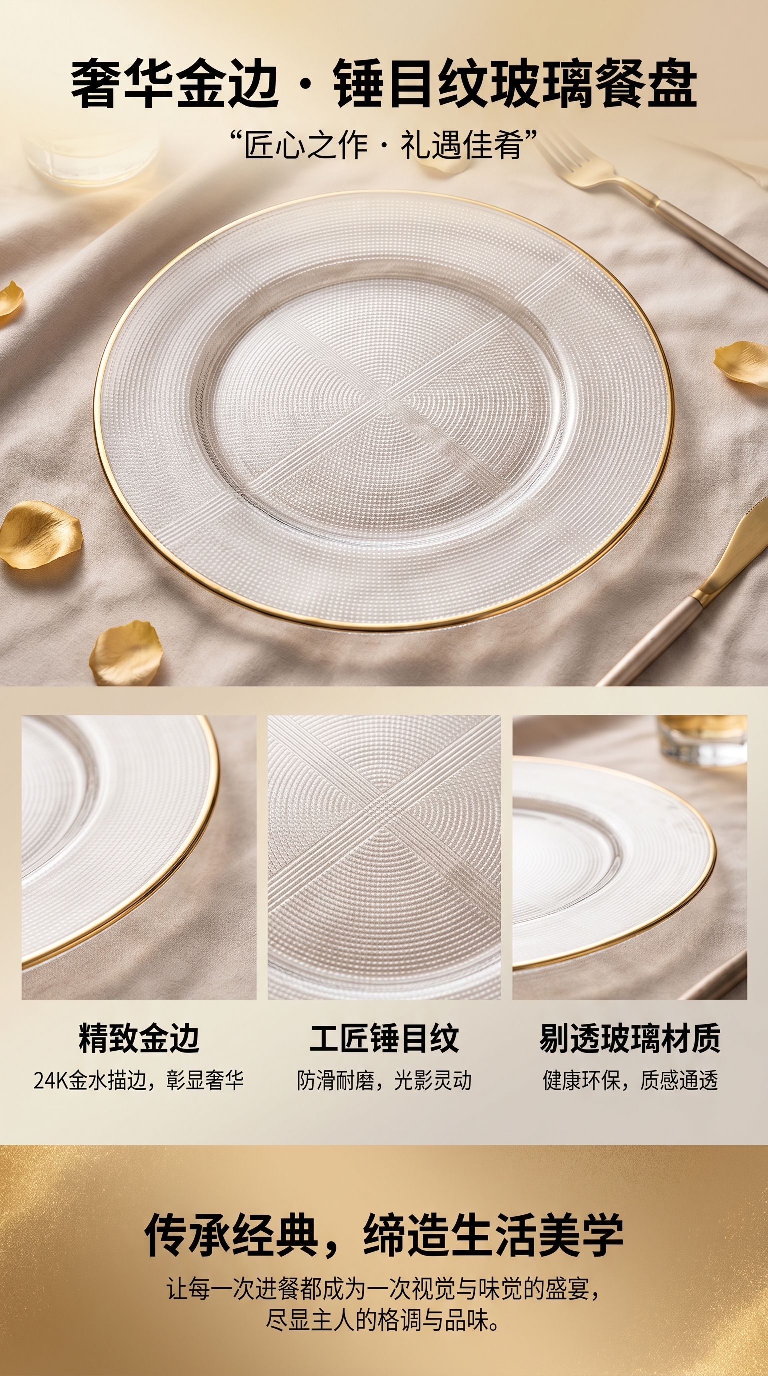 欧式复古塑料餐盘金边纹理方盘牛排沙拉盘透明金边盘甜品盘跨境详情1