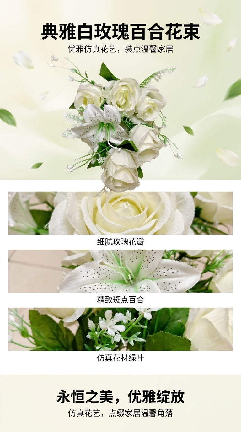 厂家直销仿真10/12头玫瑰百合组合婚庆室内外DIY装饰花假花绢花塑料花人造花拍摄道具详情1