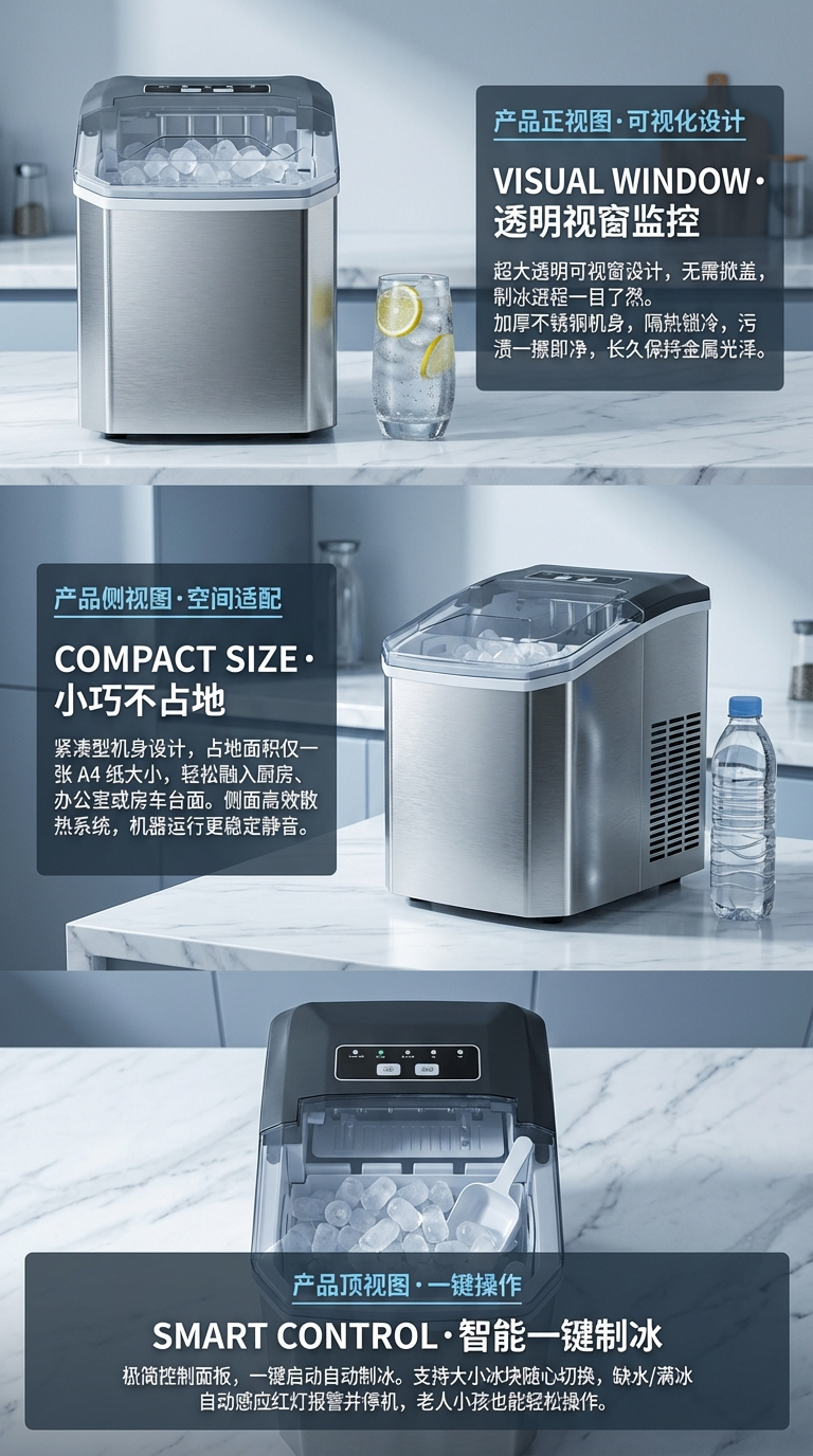 不锈钢外壳制冰机 商用奶茶店小型酒吧迷你全自动家用方冰块制作机器 详情2