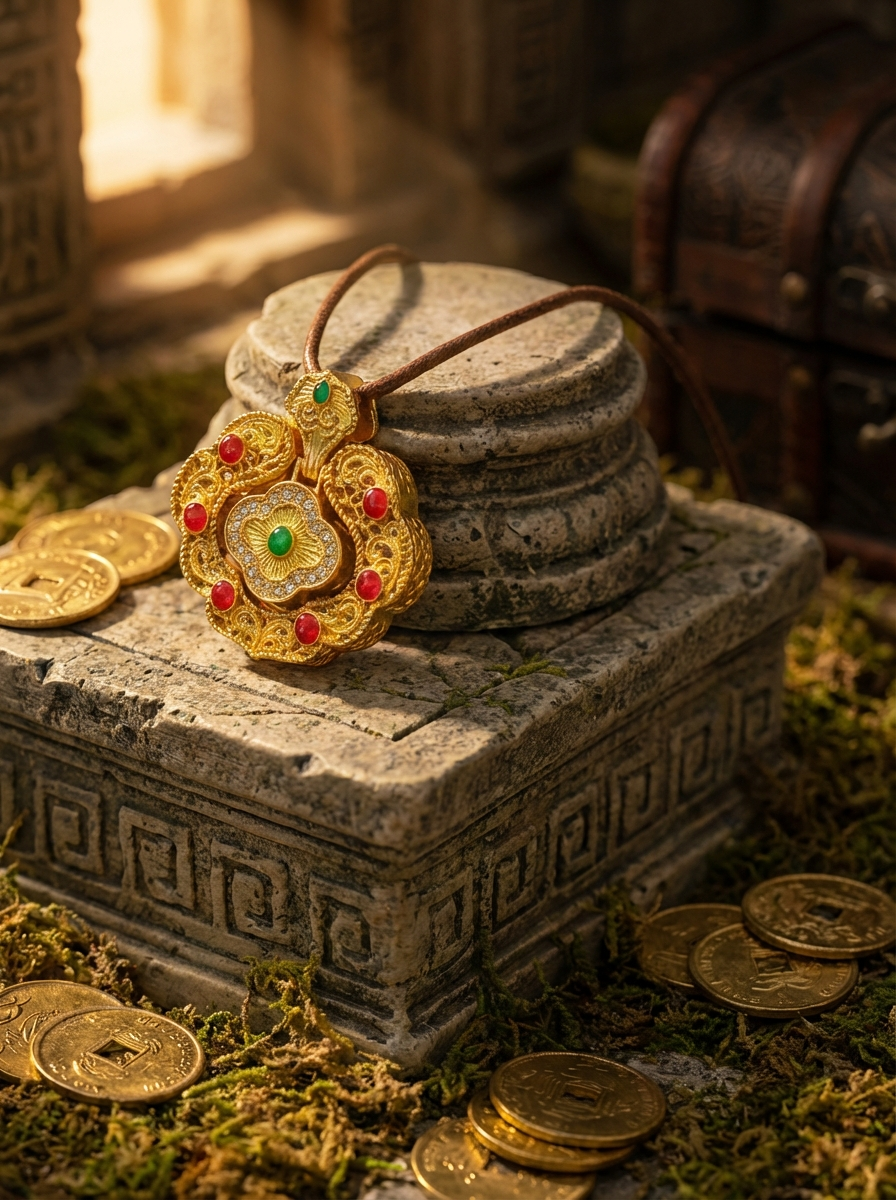 Gold gemstone inlaid pendant, gold wrapped in silver, court gold hollowed-out pattern brocade ruyi lock silver jewelry accessory, auspicious cloud bringing good fortune gold enamel pendant pic 1