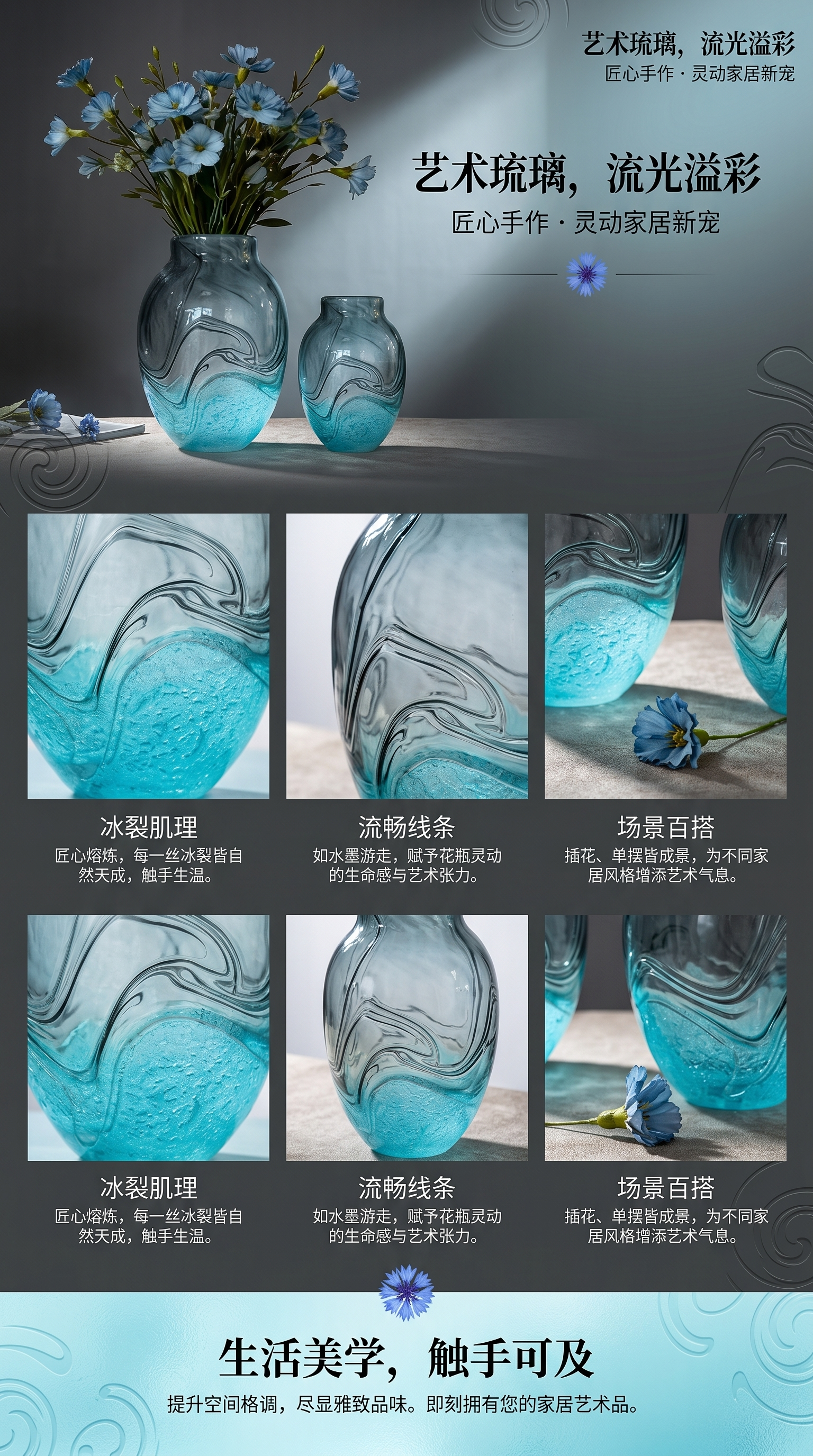 Blue flower-decorated vase for living room and bedroom, ceramic flower arrangement container pic 1