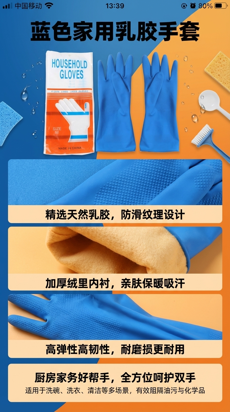 乳胶手套蓝色喷绒橡胶手套 防水防滑耐油塑胶皮洗碗清洁防护手套093020243详情1