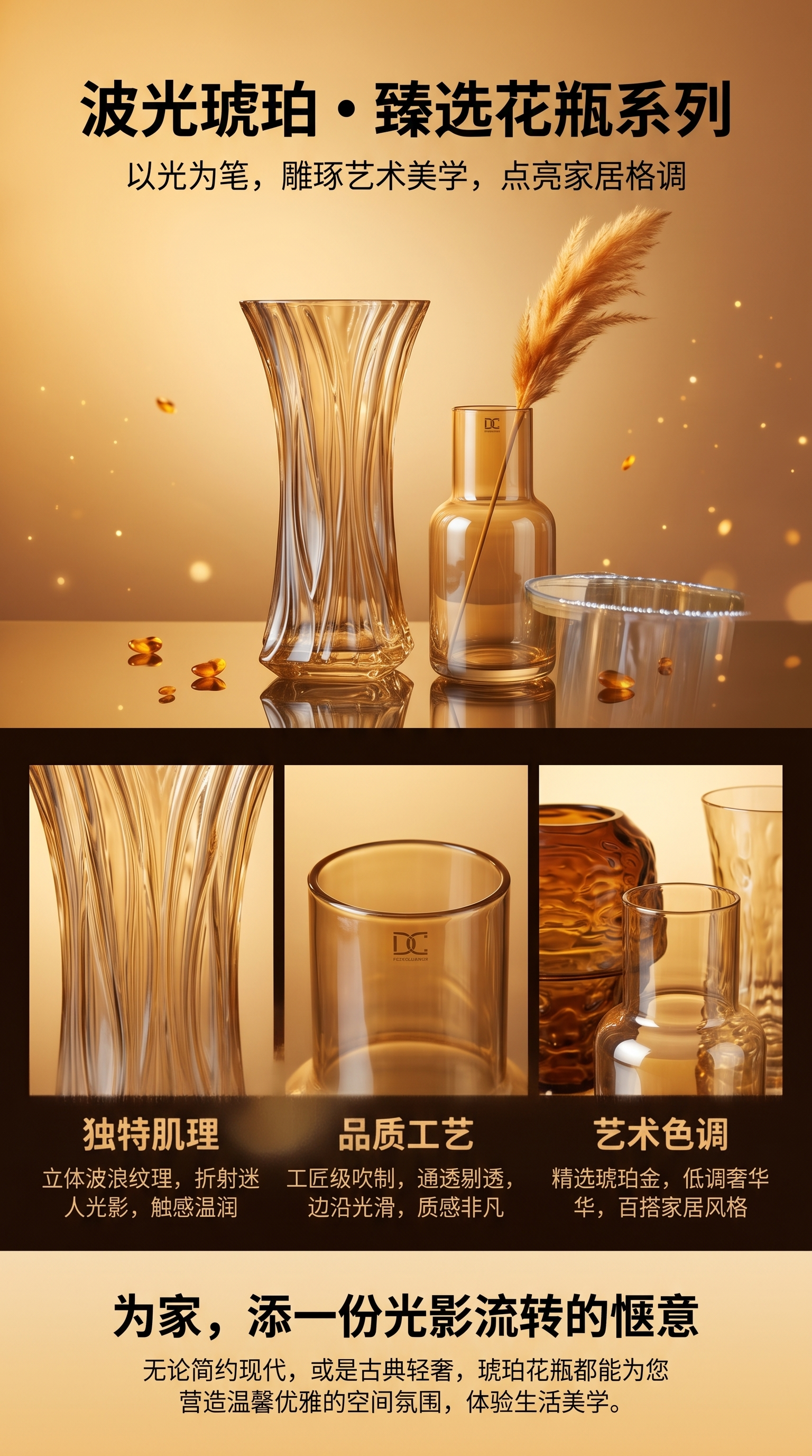 琥珀色玻璃花瓶 手工吹制复古风桌面插花摆件 家居装饰详情1