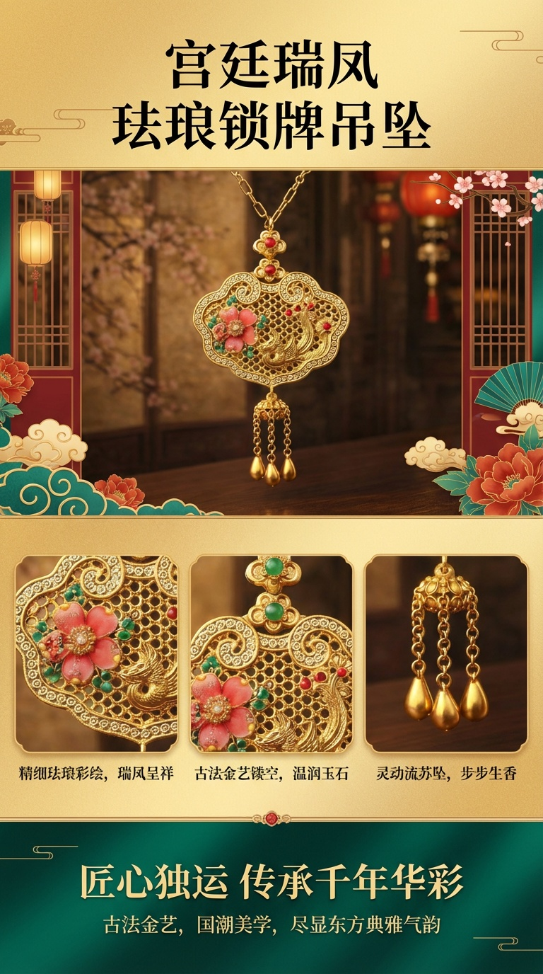 Golden hollowed-out window display phoenix flower pendant necklace, pearl lanyard, short elegant jewelry for women, classic style pic 1