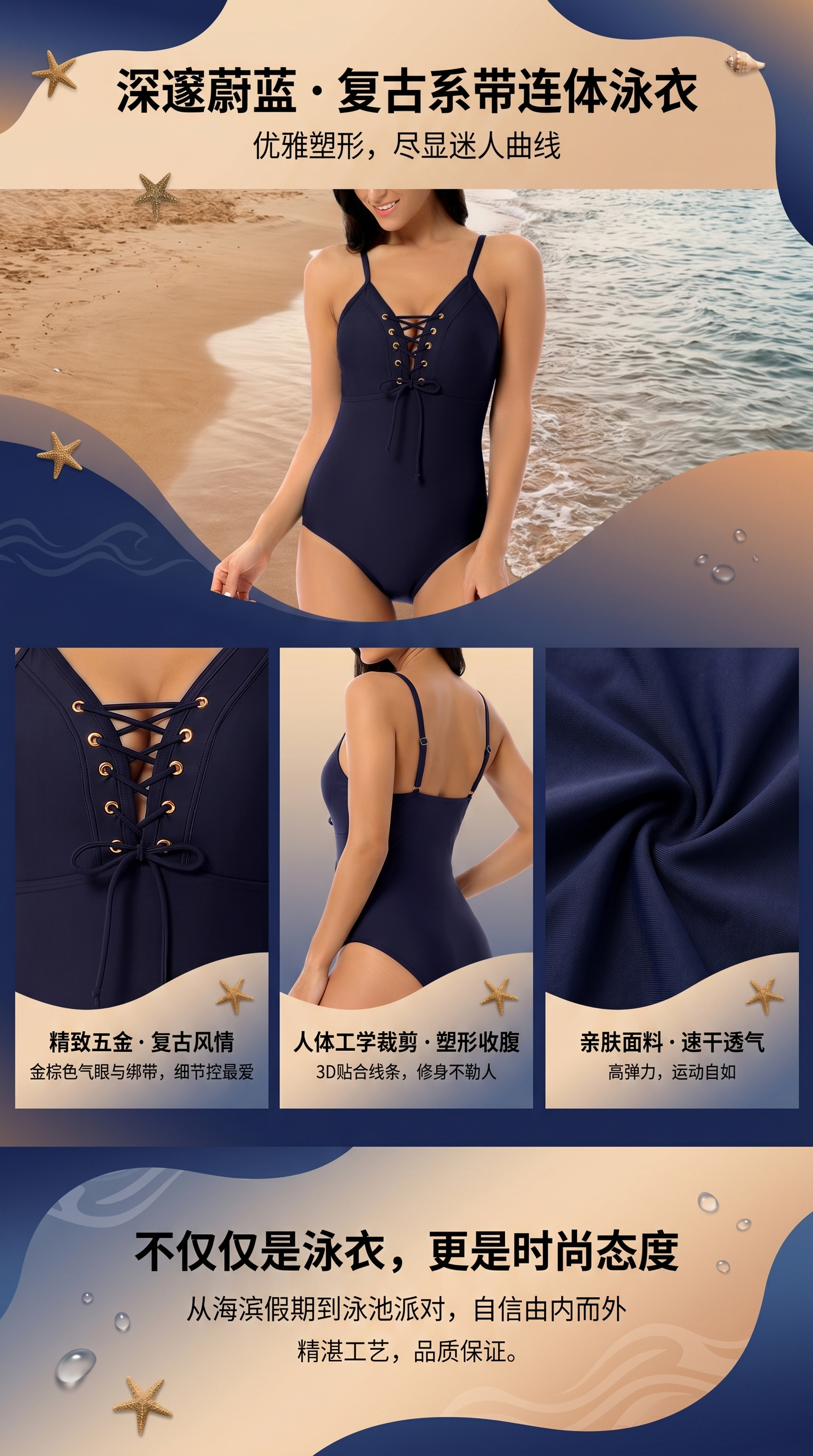 国潮深蓝色连体泳衣儿童专业泳装女性模特详情1