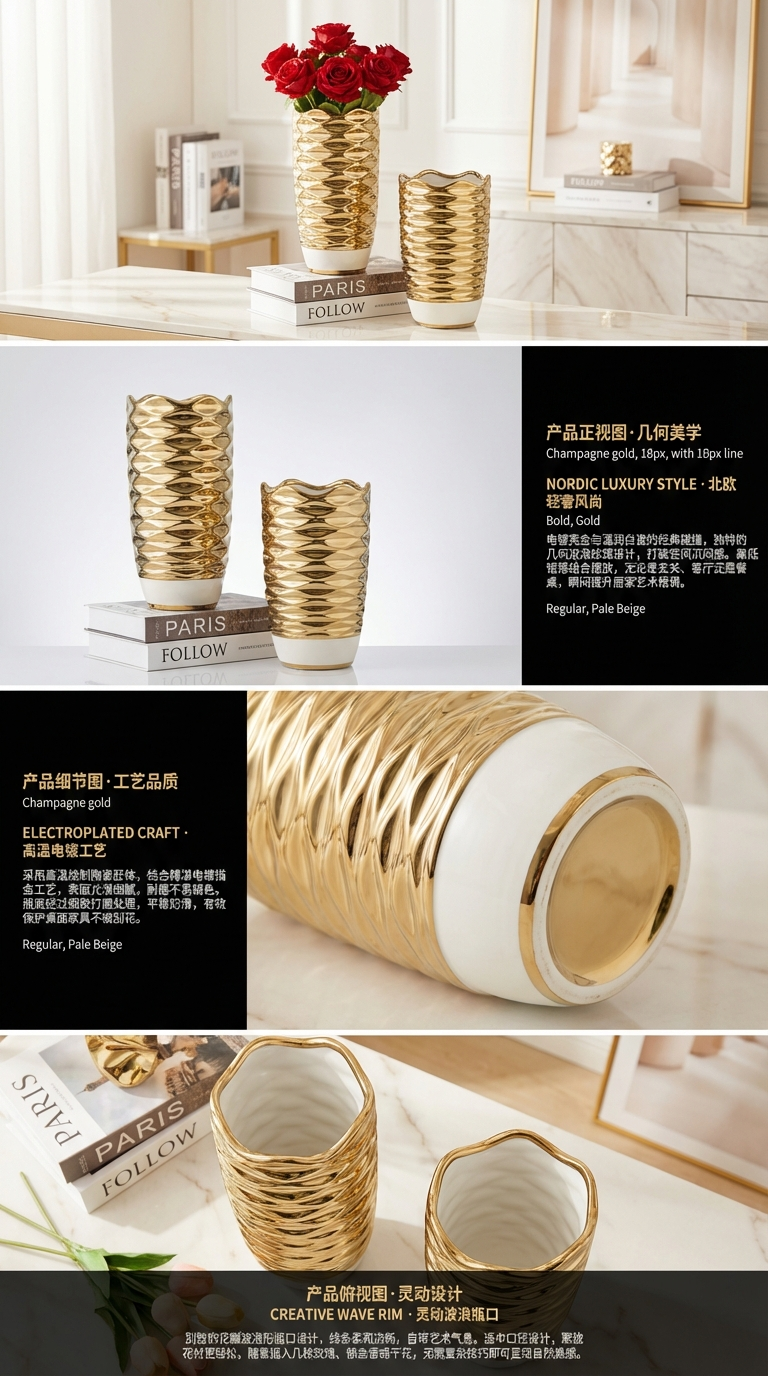 Golden vase, crystal ceramic, glass, blue and white porcelain, glazed vase, home decorative item pic 2