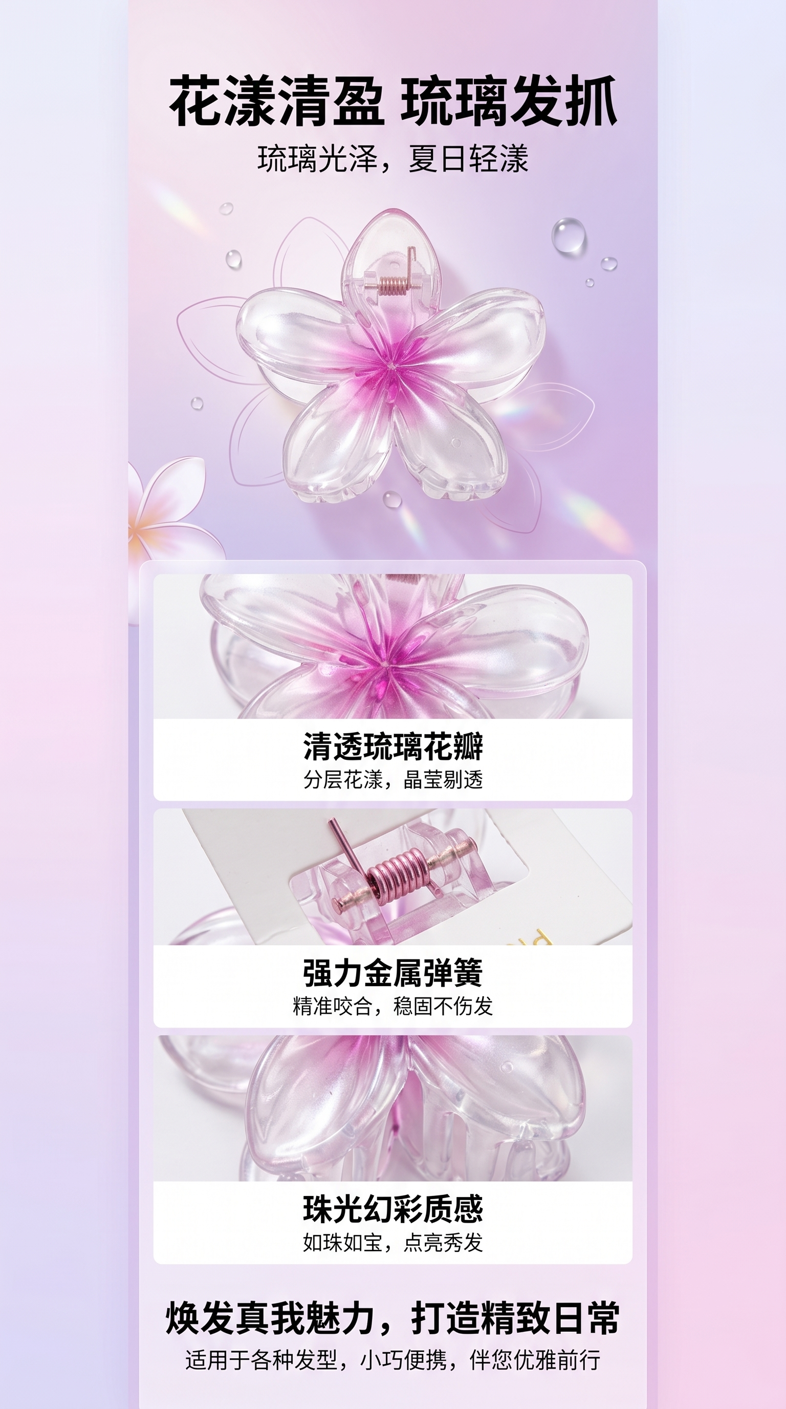 透明粉色花朵造型发夹 甜美少女心头饰单只装详情1
