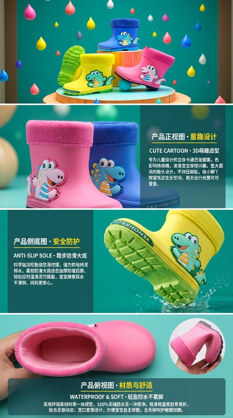 小恐龙童雨靴防滑防水软彩色春夏款 详情2