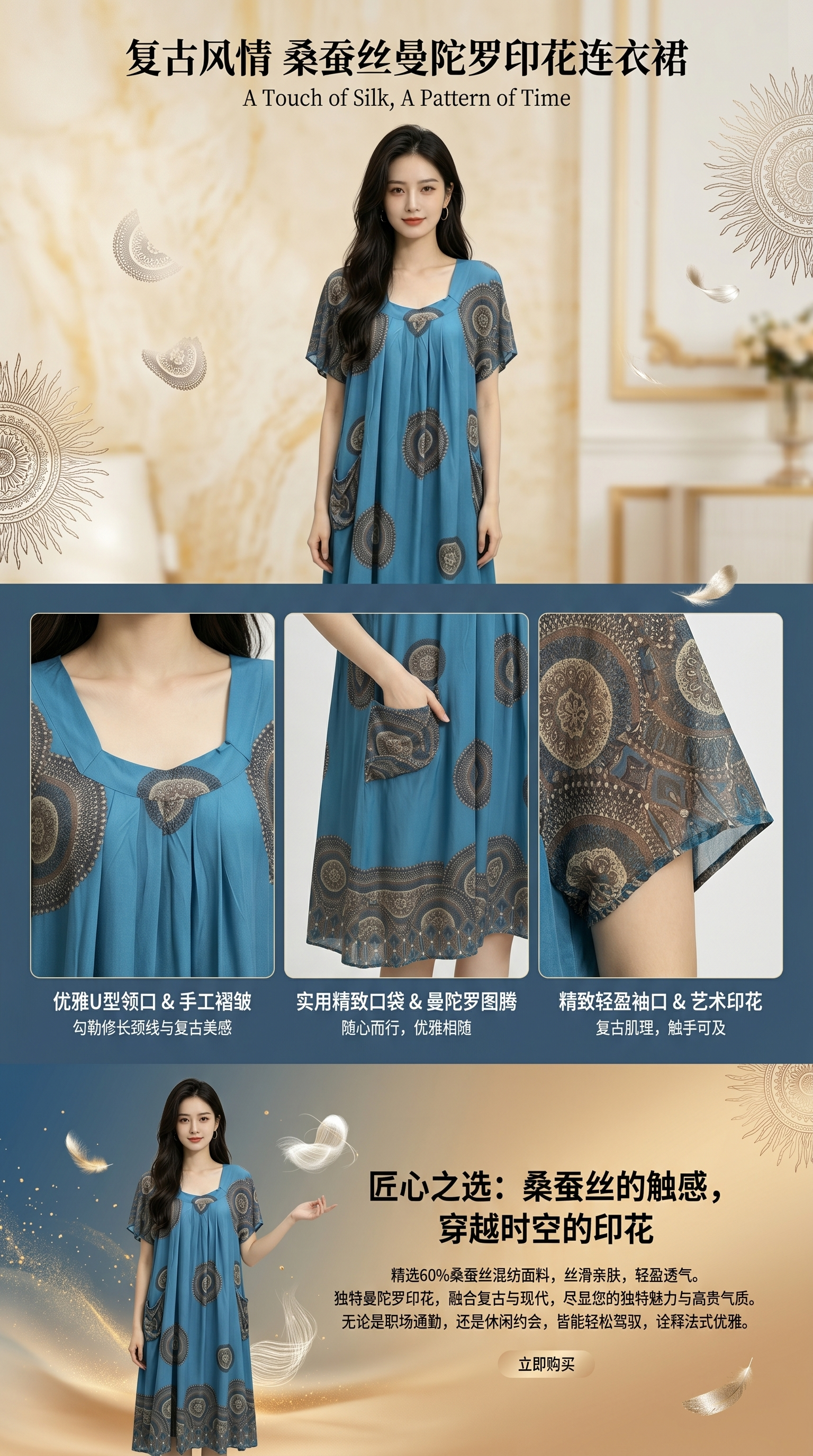 蓝色印花长裙女士家居服长裙展示连衣裙春夏新款修身显瘦连衣裙详情1