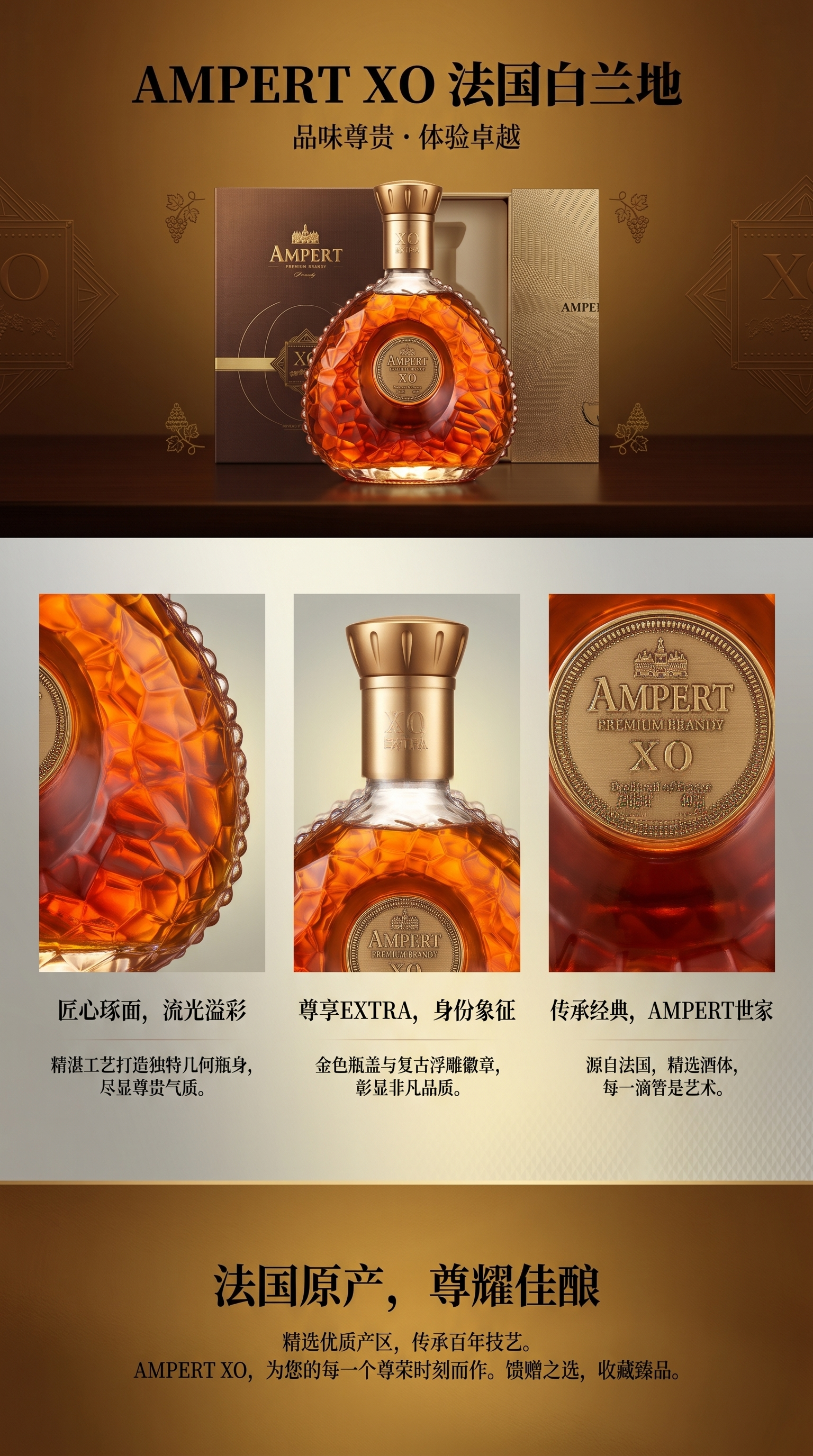 琥珀色酒液+AMPERT XO高级白兰地酒瓶详情1