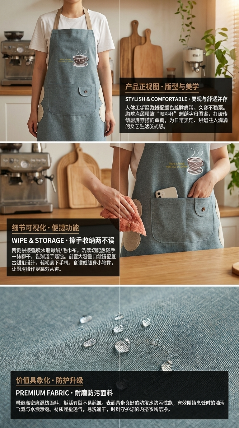 咖啡杯擦手家务围裙加厚袖套防滴水设计可调节绑带厨房用具防护用品详情2