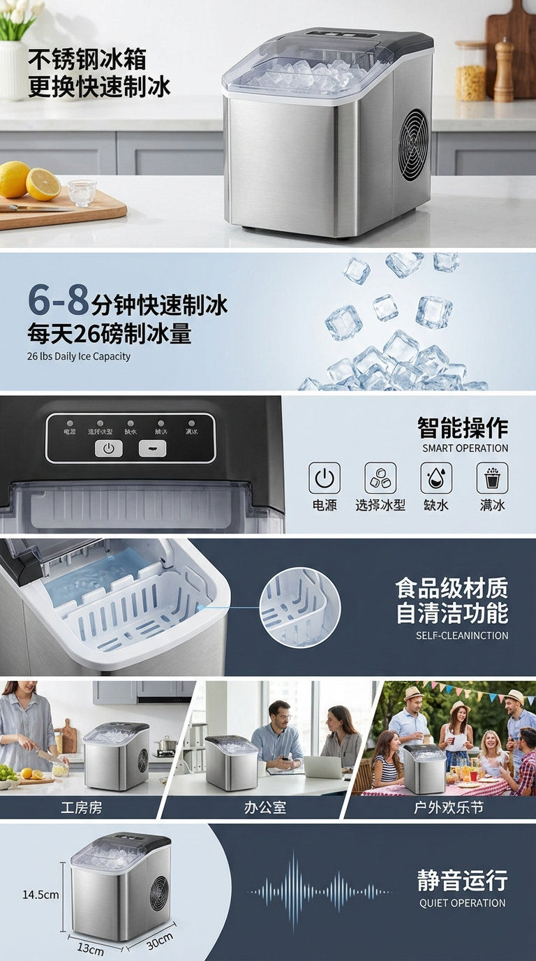 不锈钢外壳制冰机 商用奶茶店小型酒吧迷你全自动家用方冰块制作机器 详情1