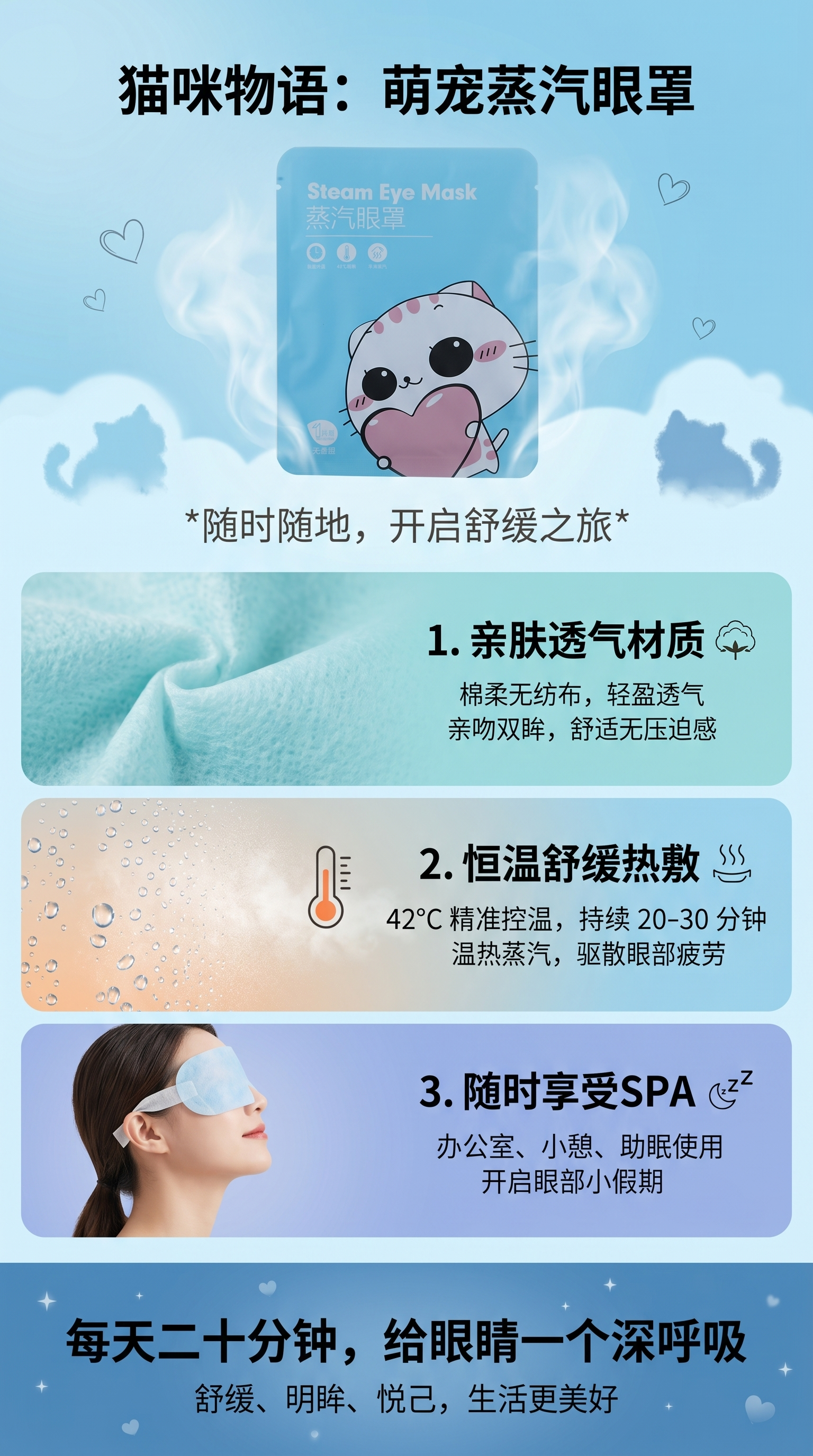 卡通猫咪蒸汽眼罩蓝色包装袋舒缓眼部疲劳暖敷型详情1
