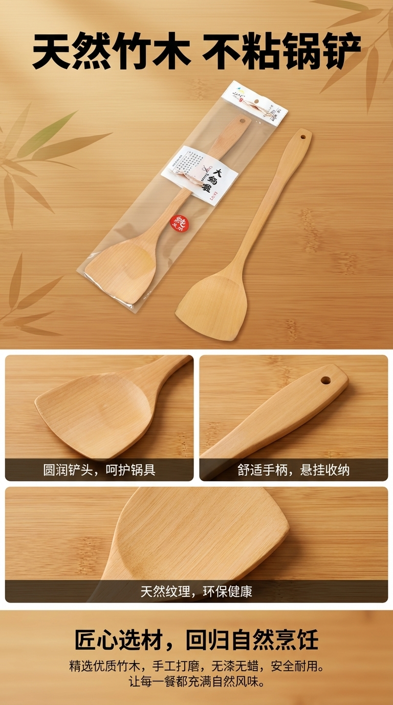 9.5*38.5cm原木铲超长柄木锅铲子平铲烹饪铲厨房用具餐具详情1