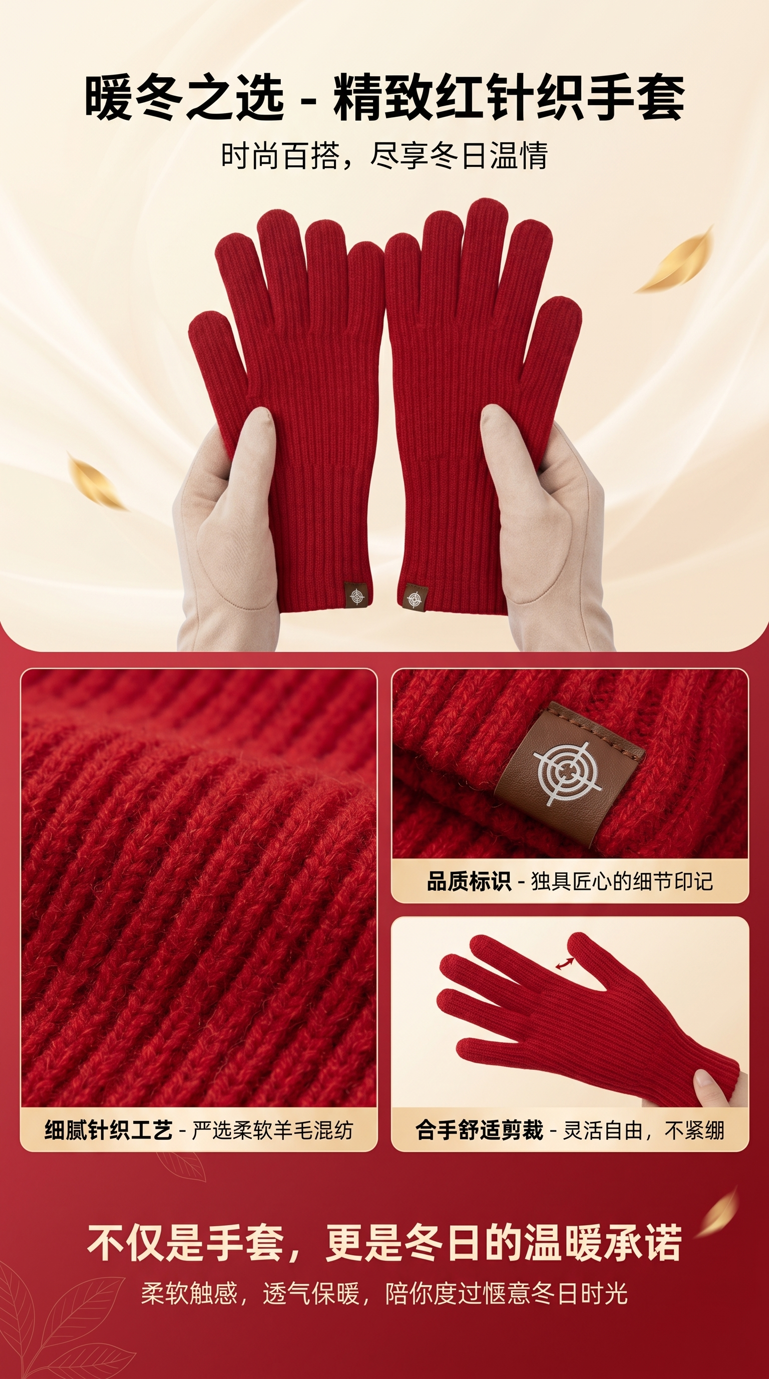 红色针织手套 加厚羊绒混纺 男女通用骑行保暖详情1