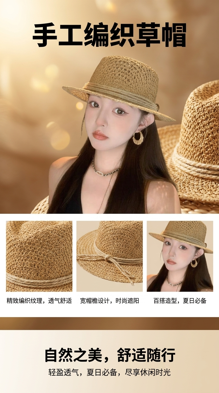Sun protection and shading straw hat, breathable, comfortable, UV-resistant, wide-brimmed cap pic 1