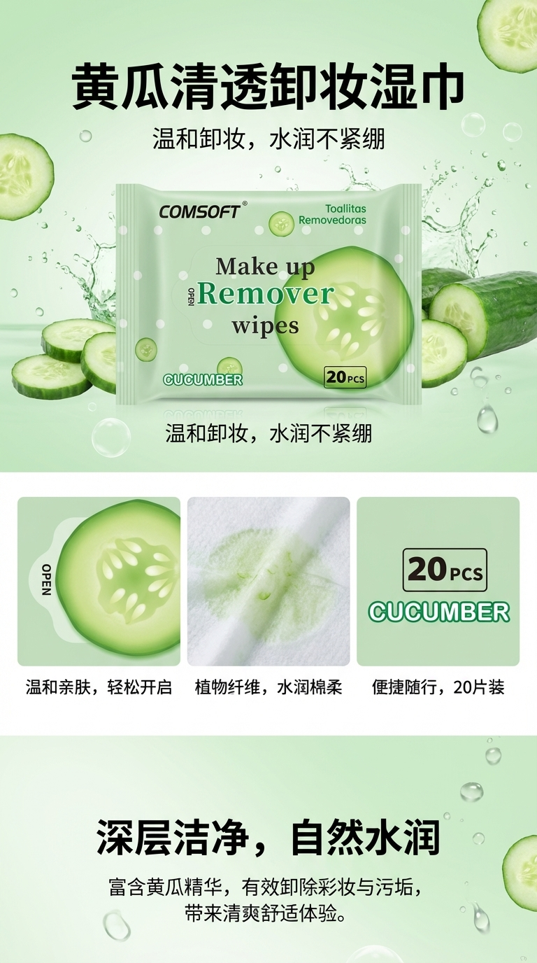 青瓜卸妆湿巾青瓜淡香20片卸妆小方巾详情1