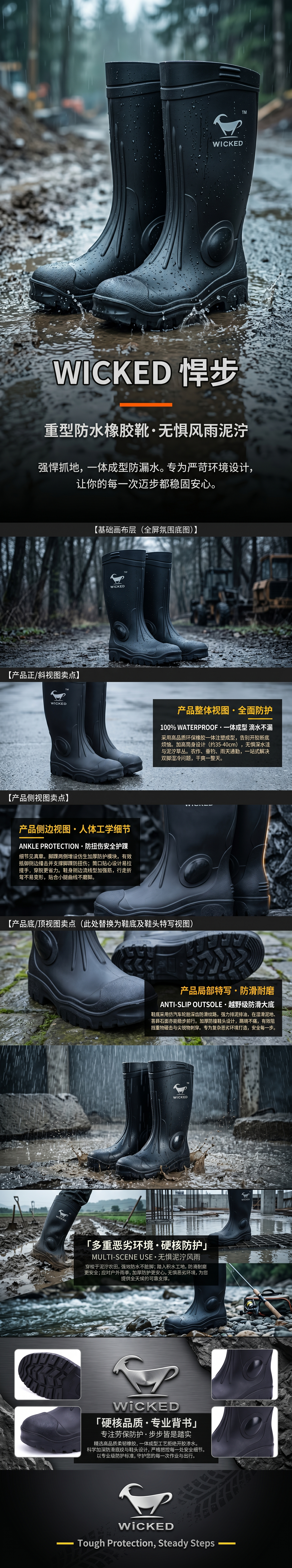 WICKED黑色高筒橡胶雨靴山羊图案防滑纹路详情1