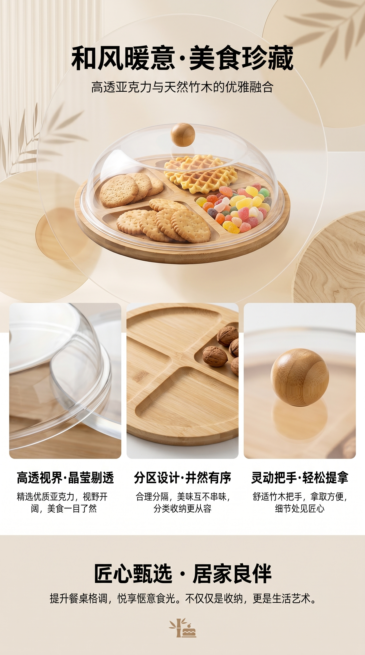 圆形木质托盘配透明盖子家用收纳整理盘详情1
