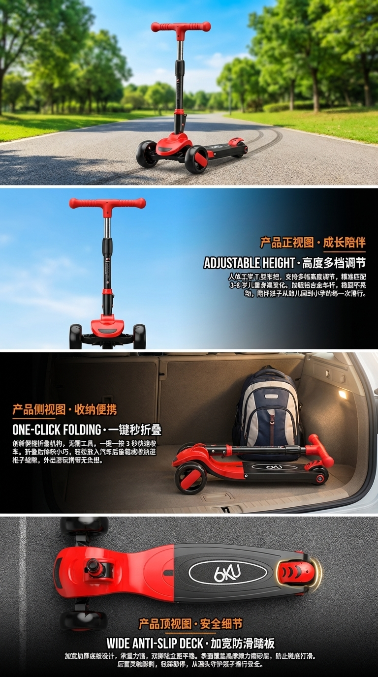 红色黑色儿童滑板车儿童滑板车1-3-6-12岁小孩三合一可坐溜溜车宝宝踏板滑板车闪光轮详情2