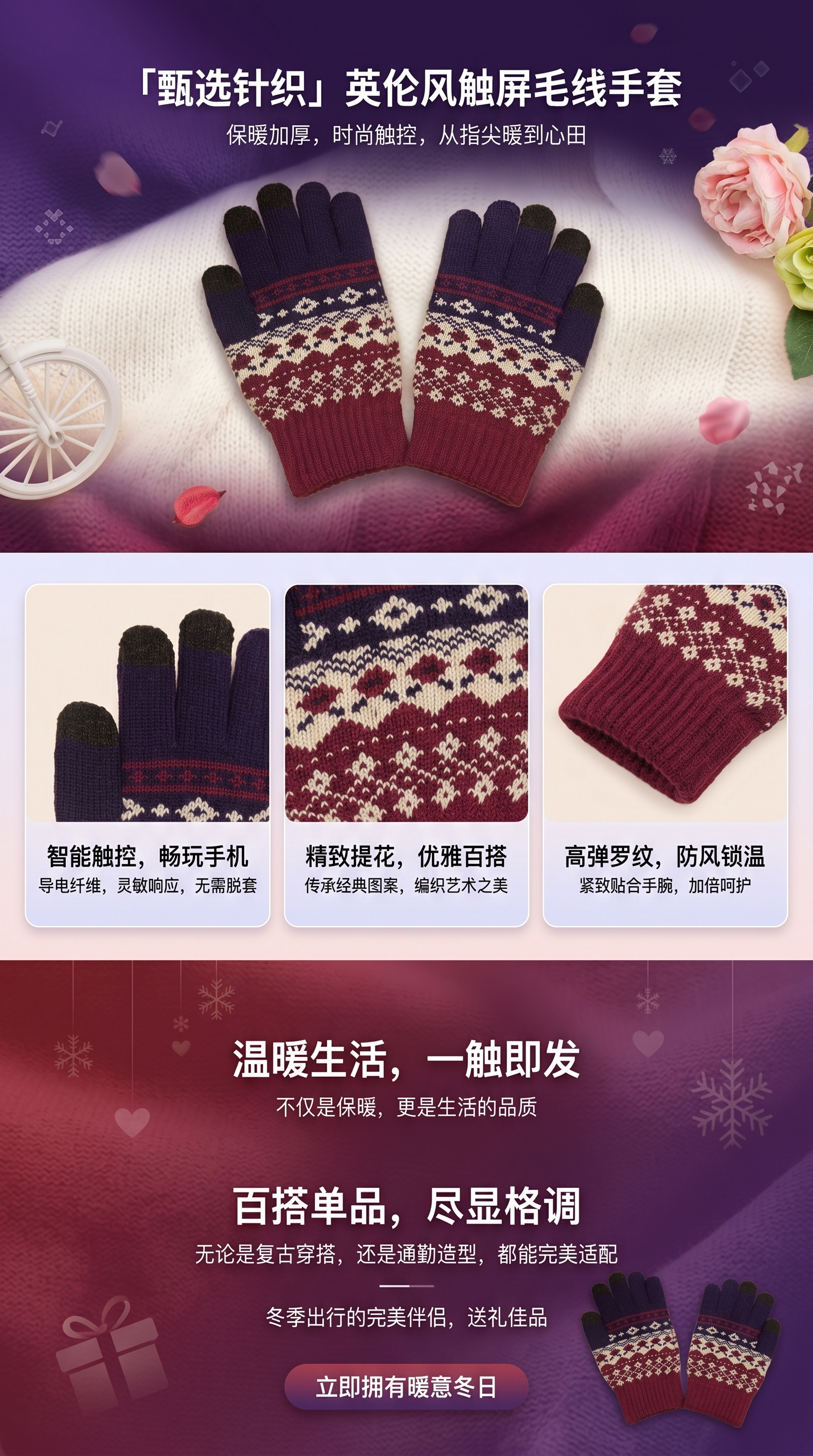 Knitted gloves for women, warm, anti-slip and touch screen autumn and winter styles pic 1