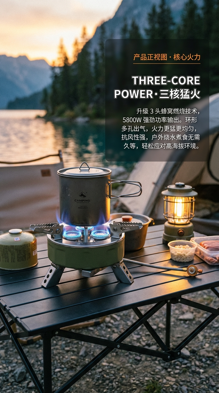 户外便携式三芯猛火炉灶露营自驾游燃气炉具野炊野营瓦斯三头炉子详情2