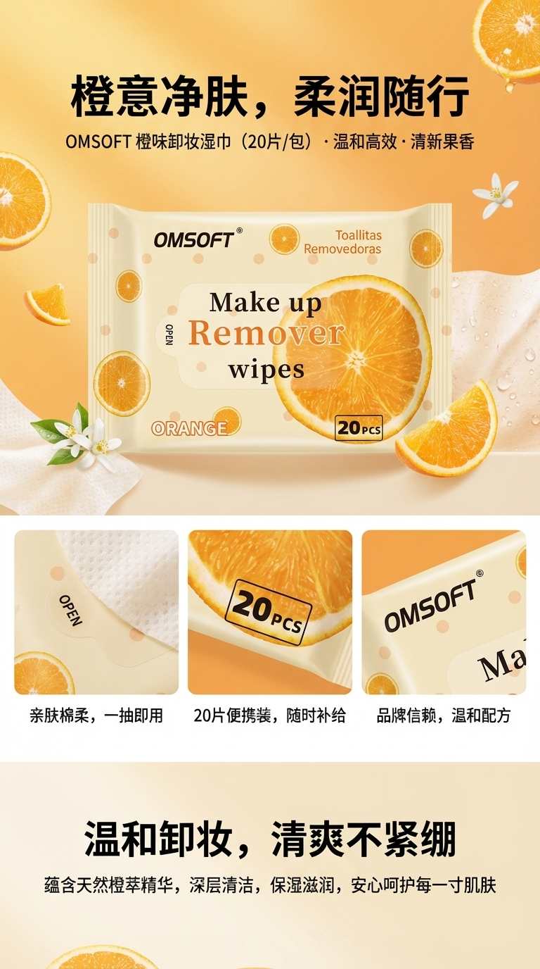 comsoft品牌甜橙卸妆湿巾甜橙淡香20片卸妆小方巾详情1
