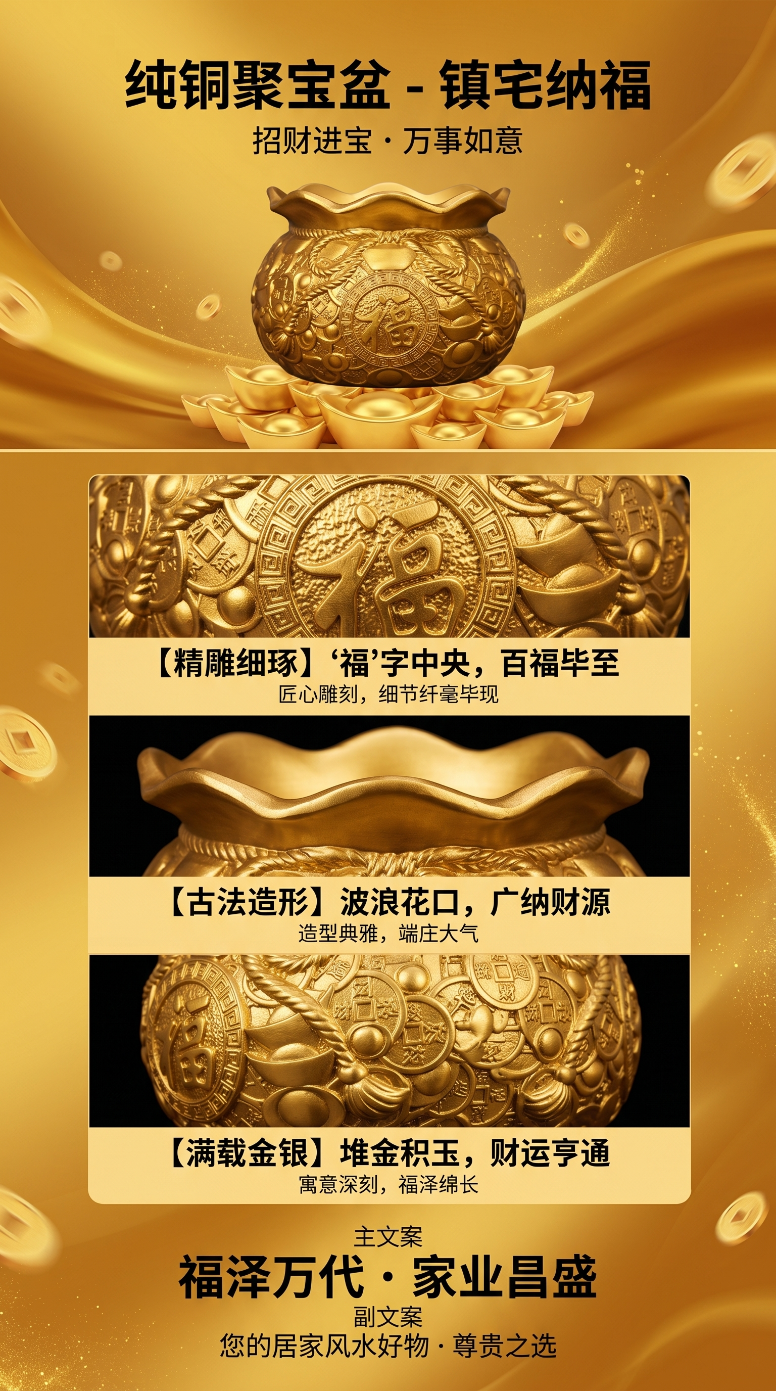 金色装饰品金碗摆件客厅装饰摆设中式复古家居装饰品铜钱纯铜五帝钱详情1