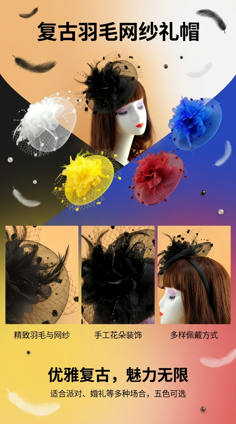 Tea party, birthday, horse race, wedding, tulle decoration, top hat, Derby hat, church hat, Christmas and Halloween, dual-purpose with clips and headbands pic 1