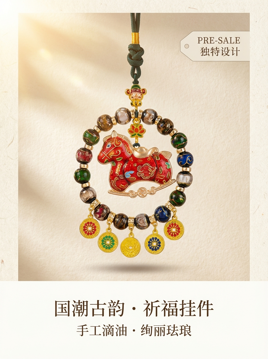 The new Chinese-style intangible cultural heritage of the Year of the Horse, Song Brocade Horse Year car hanging with Five Directions of the God of Wealth in glass style, starting from one. pic 2